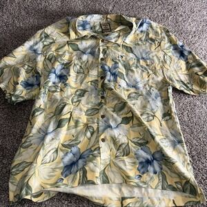 TOMMY BAHAMA Mens Short Sleeve Hawaiian Shirt Yellow Copyright Print Silk XL